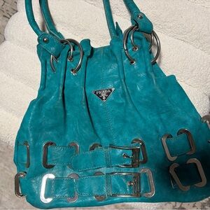 Vintage Prada Teal Leather Belt Buckle Shoulder Bag